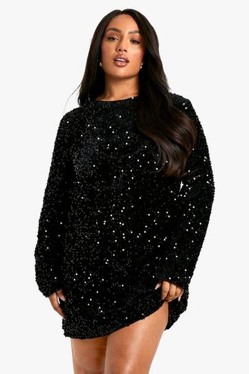 Black Plus Sequin Velvet Bow Back Shift Dress