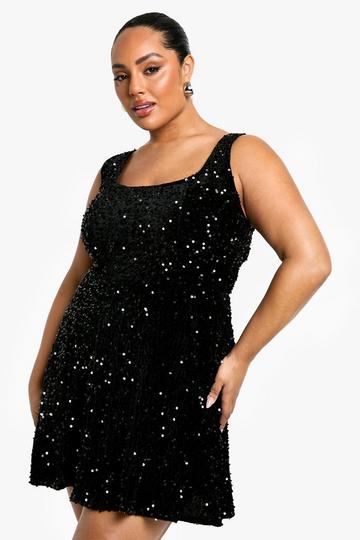 Plus Sequin Velvet Skater Dress black