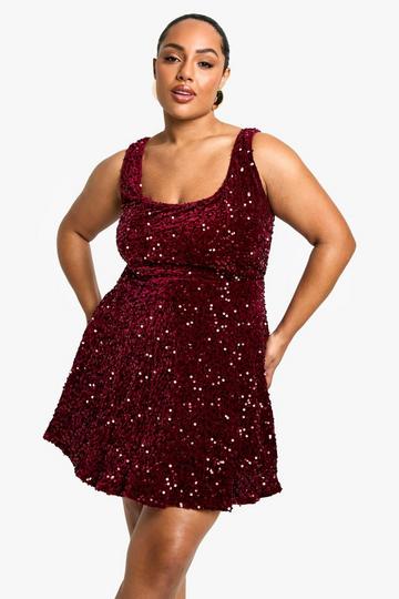 Plus Sequin Velvet Skater Dress berry