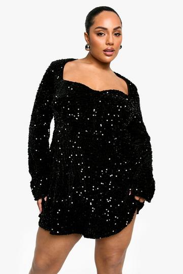 Plus Sequin Velvet Sweetheart Skater Dress black