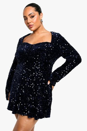 Plus Sequin Velvet Sweetheart Skater Dress navy