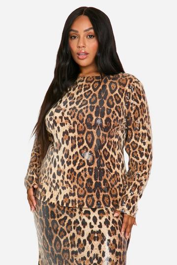 Multi Plus Leopard Sequin Long Sleeve Scoop Back Top