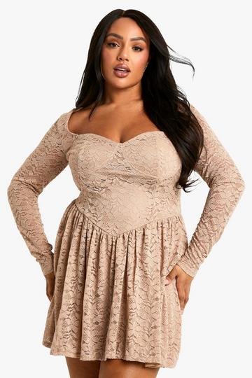 Plus Lace Diamante Skater Dress nude