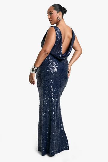 Plus Sequin High Neck Cowl Back Maxi Dress navy