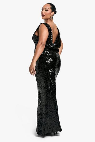 Black Plus Sequin High Neck Cowl Back Maxi Dress