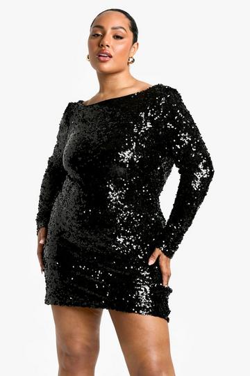 Black Plus Sequin Cowl Back Long Sleeve Mini Dress