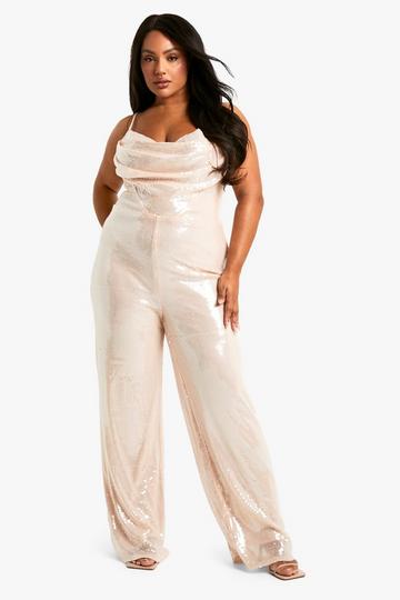 Nude Plus Sheer Sequin Cowl Neck Jumpsuit