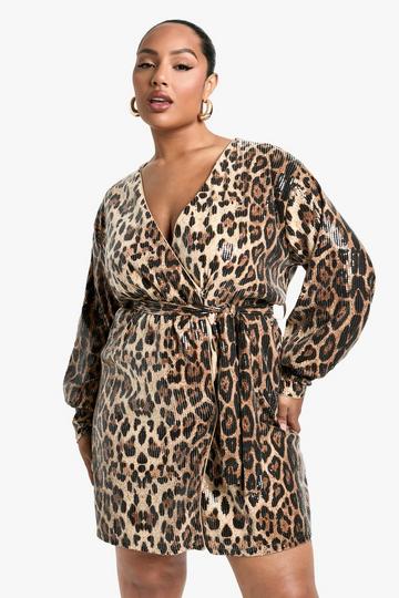 Plus Sequin Wrap Dress leopard