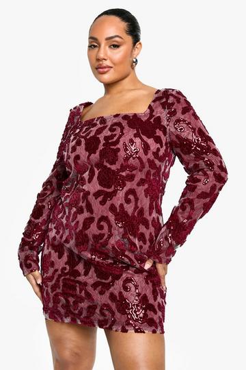 Plus Demask Square Neck Bodycon Dress berry