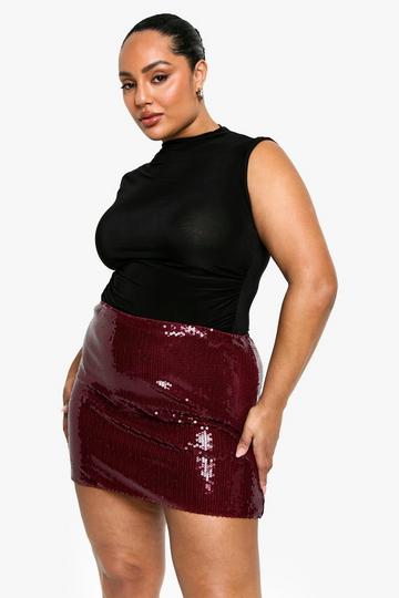 Plus Sheer Sequin Mini Skirt malbec