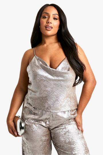 Plus Satin Hot Fix Cowl Top champagne