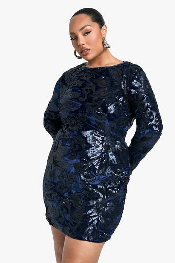 Plus Velvet Demask Bodycon Dress navy