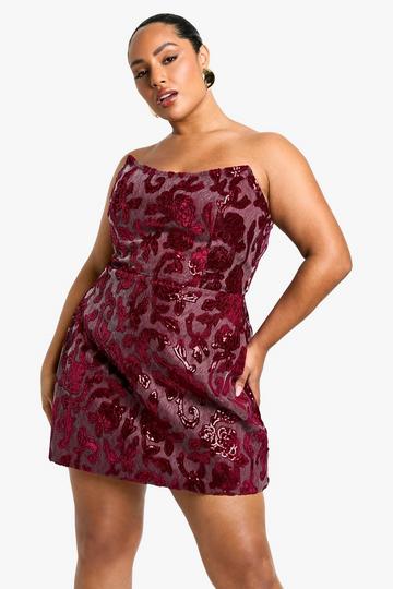 Plus Lace Demask Bandeau Skater Dress berry