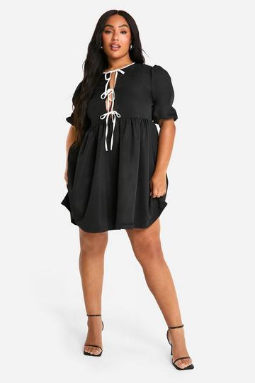 Plus Woven Contrast Tie Front Smock Dress black