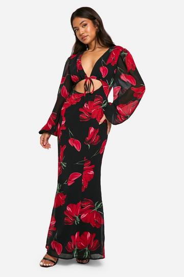 Petite Chiffon Floral Volume Sleeve Maxi Dress black