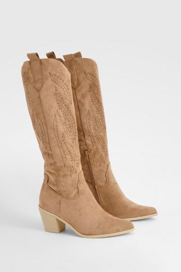 Embroidered Calf High Western Boots camel