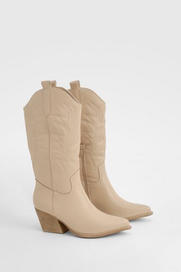 Embroidered Knee High Cowboy Boots taupe