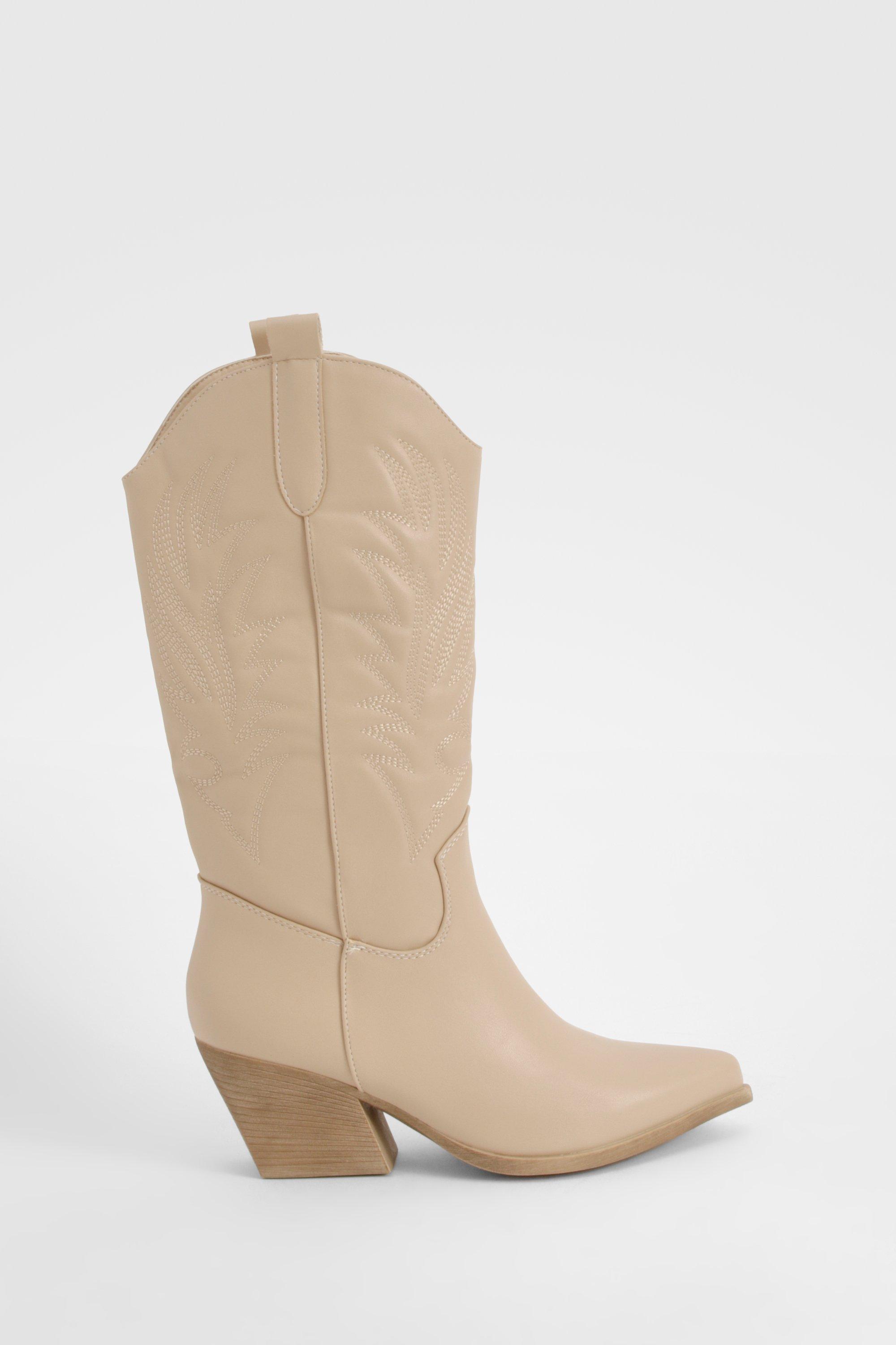 boohoo Women s Embroidered Knee High Western Boots Natural Knee Boots 5