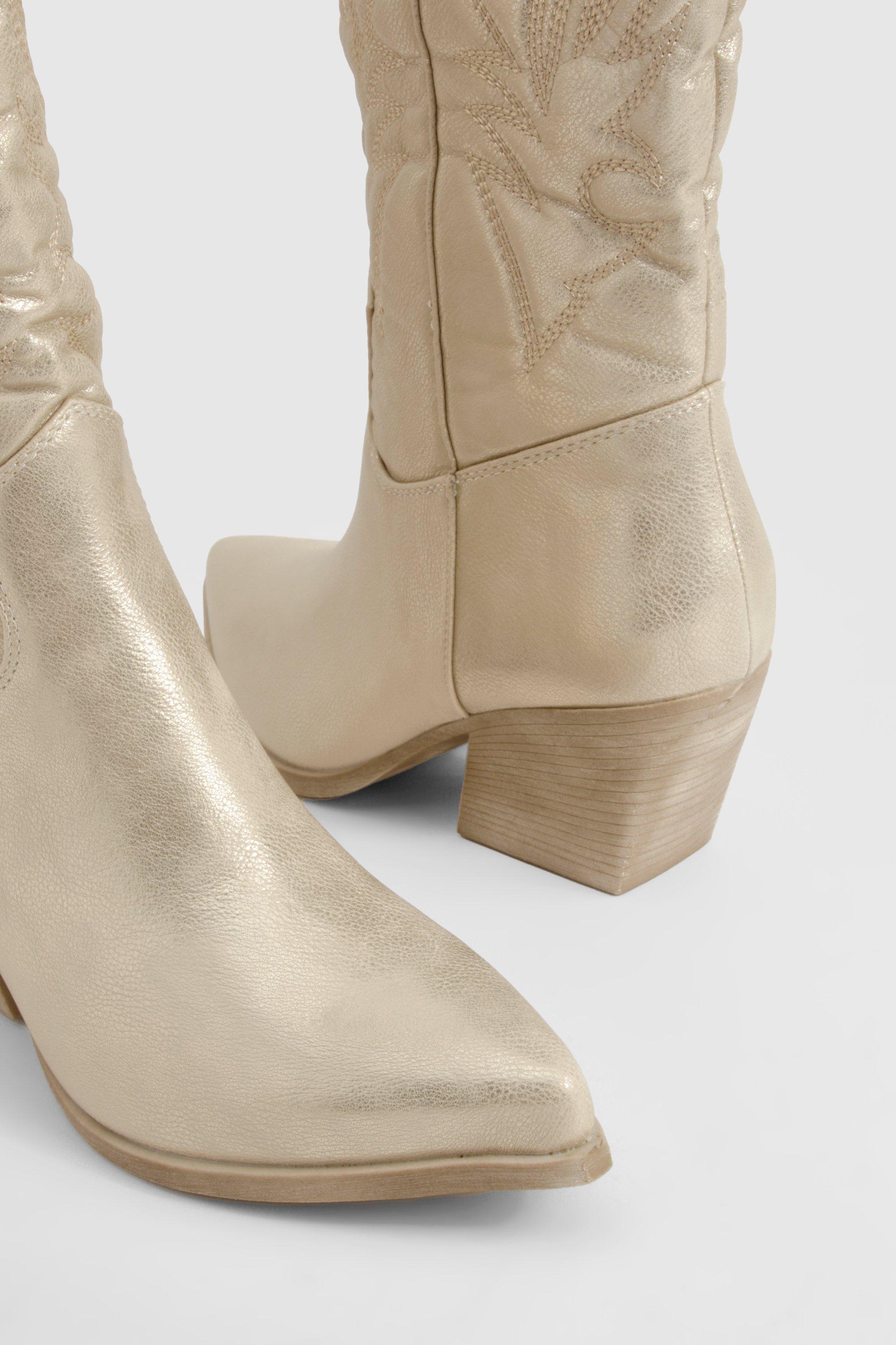 Boohoo Women s Embroidered Knee High Western Boots Gold