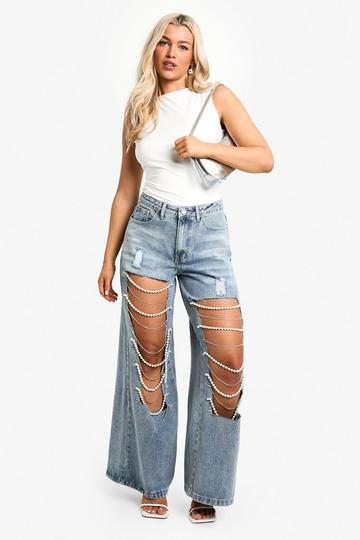 Light Brown Pearl Trim Super Wide Leg Jeans