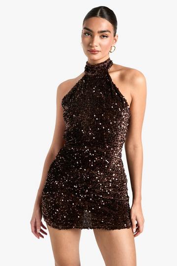 Velvet Sequin Halterneck Slip Mini Dress chocolate