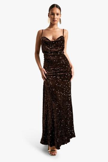 Velvet Sequin Cowl Neck Slip Maxi Dress chocolate