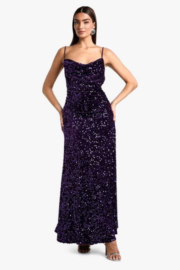 Velvet Sequin Cowl Neck Slip Maxi Dress purple