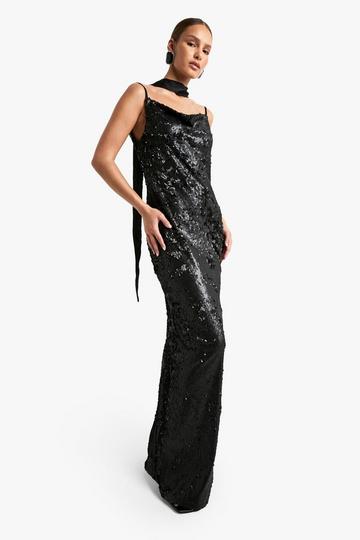 Matte Sequin Cowl Slip Maxi Dress black