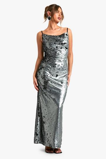 Matte Sequin Cowl Slip Maxi Dress gun metal