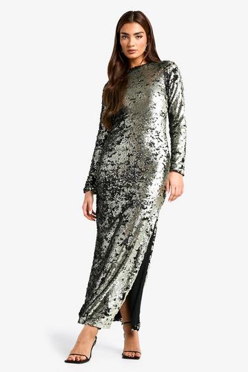 Matte Sequin Scoop Back Column Maxi Dress gun metal