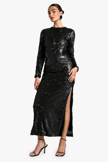 Black Matte Sequin Scoop Back Column Maxi Dress