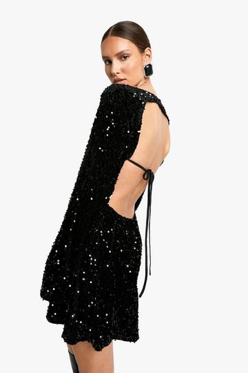 Velvet Sequin Tie Back Shift Dress black