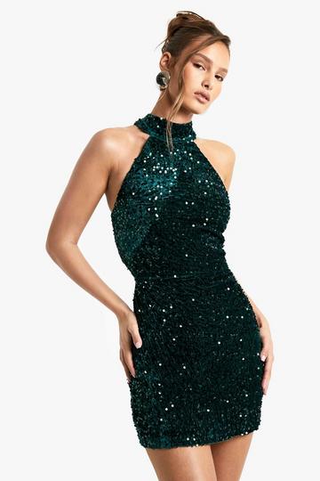 Velvet Sequin Halter Slip Mini Dress emerald