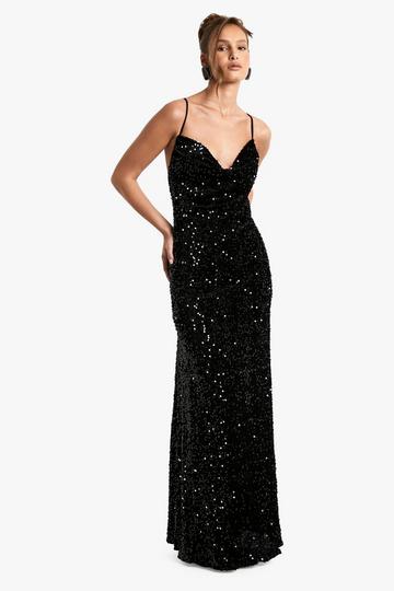 Velvet Sequin Cowl Neck Slip Maxi Dress black