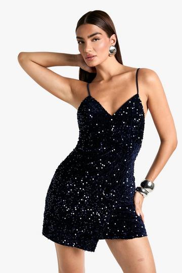 Velvet Sequin Slip Mini Dress navy