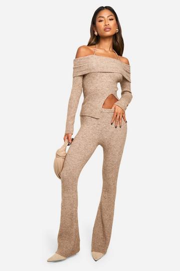 Geribbelde Gebreide Off Shoulder Top Met Split En Flared Broek Set oatmeal