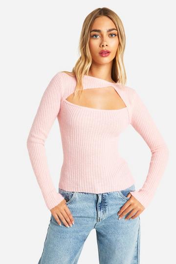 Rib Knitted Long Sleeve Top light pink