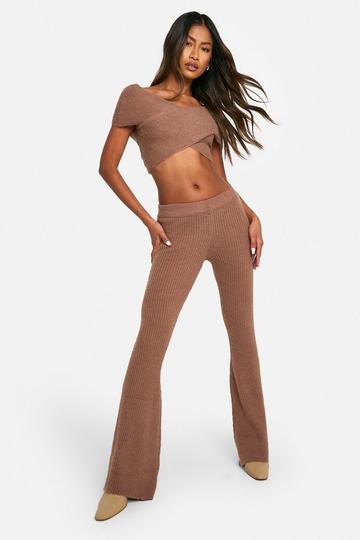 Rib Knit Wrap Top & Flare Trouser Co-ord mocha