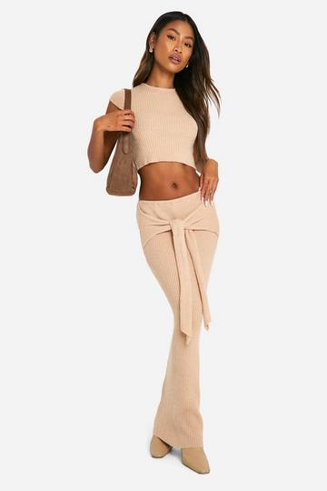 Geribbelde Gebreide Top En Gedrappeerde Maxi Rok Set beige