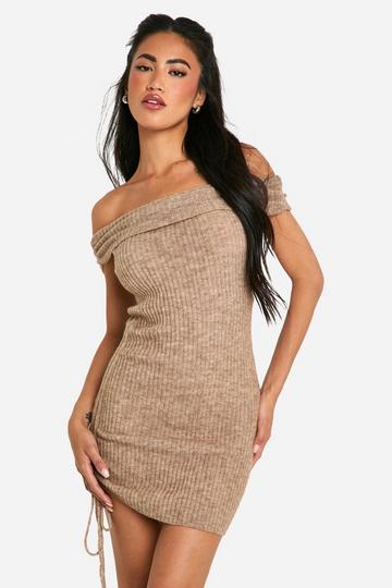 Rib Knit Bardot Ruched Mini Dress oatmeal