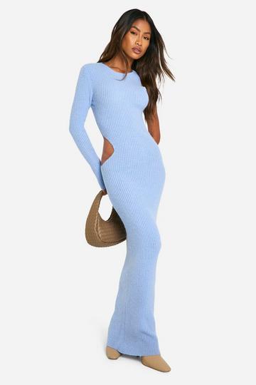 Rib Knit Long Sleeve Cut Out Maxi Dress dusty blue