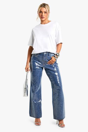 Sequin Straight Leg Jeans mid wash