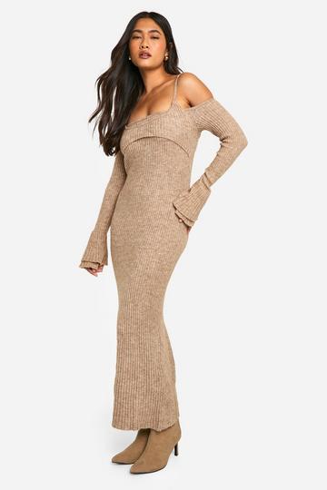 Rib Knit Bardot Halterneck Maxi Dress oatmeal