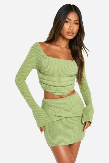 Lime Green Rib Knit Corset Detail Top & Mini Skirt Co-ord