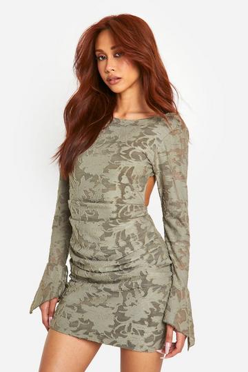 Jacquard Floral Flare Sleeve Mini Dress khaki