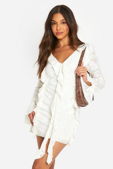 Jacquard Floral Ruffle Mini Dress ivory