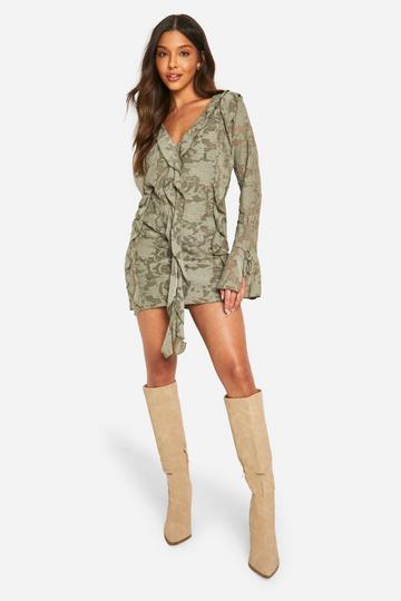 Jacquard Floral Ruffle Mini Dress khaki