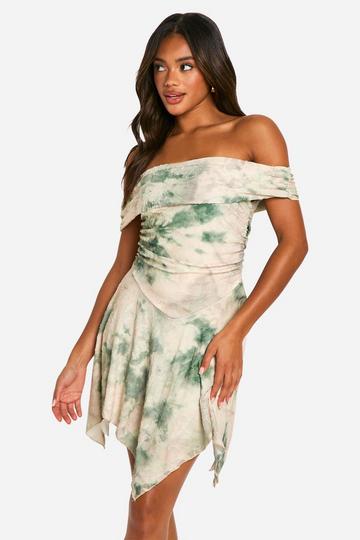 Print Jacquard Floral Off The Shoulder Hanky Hem Dress cream