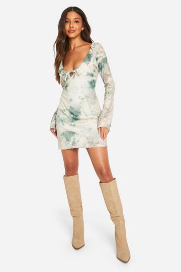 Print Jacquard Floral Tie Front Mini Dress cream