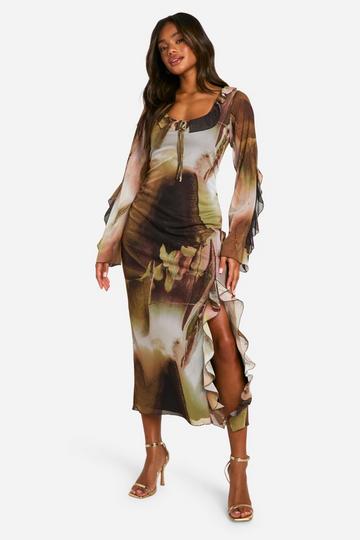 Blur Print Mesh Ruffle Midi Dress multi